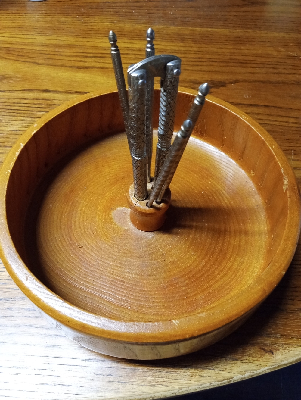 Vintage Wooden Nutcracker Bowl with 3 Silver Metal Cracker & Pick Sets
